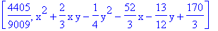 [4405/9009, x^2+2/3*x*y-1/4*y^2-52/3*x-13/12*y+170/3]